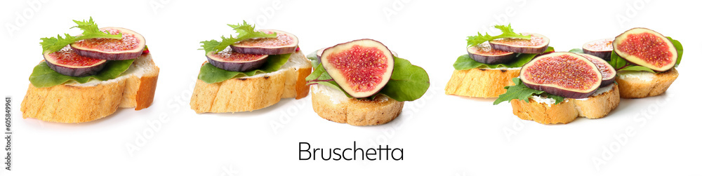 Set of tasty bruschettas with figs on white background Set of tasty bruschettas with figs on white background