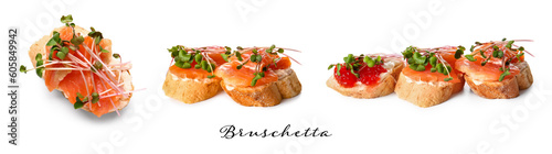 Set of tasty bruschettas with salmon on white background