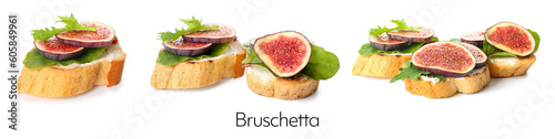 Set of tasty bruschettas with figs on white background