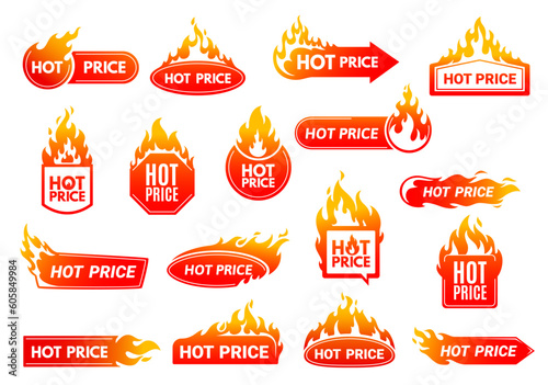 Hot price deal promotion labels with flames. Shop sale or discount promotion vector banner, product price drop advertising label or badge, discount round, line and square sticker with hot fire flames