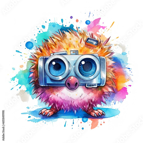 A watercolor painting of a small animal with a camera. Generative AI.