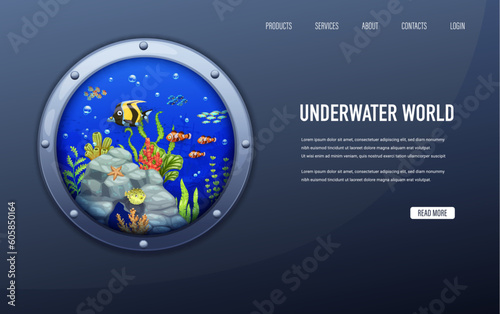 Landing page, porthole with sea paper cut underwater landscape, vector cartoon fish shoal and seaweeds. Undersea website template with coral reef world in submarine or bathyscaphe boat pothole