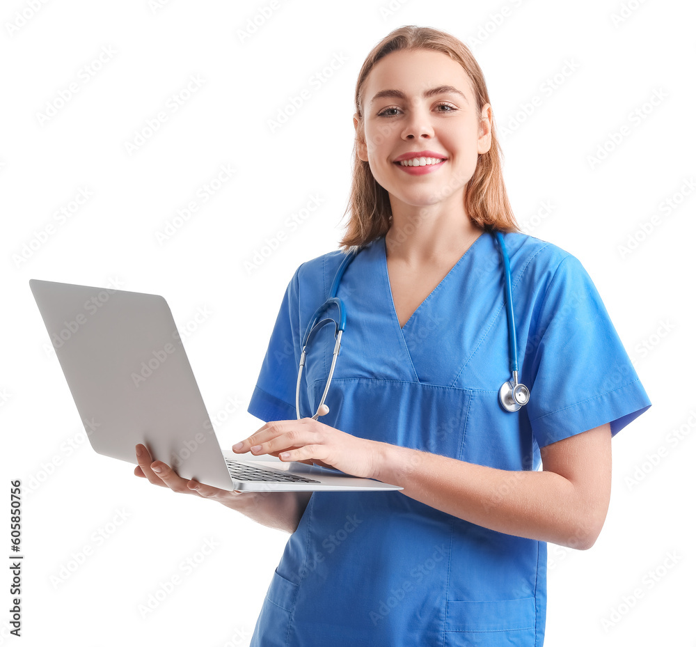 Female intern with laptop on white background