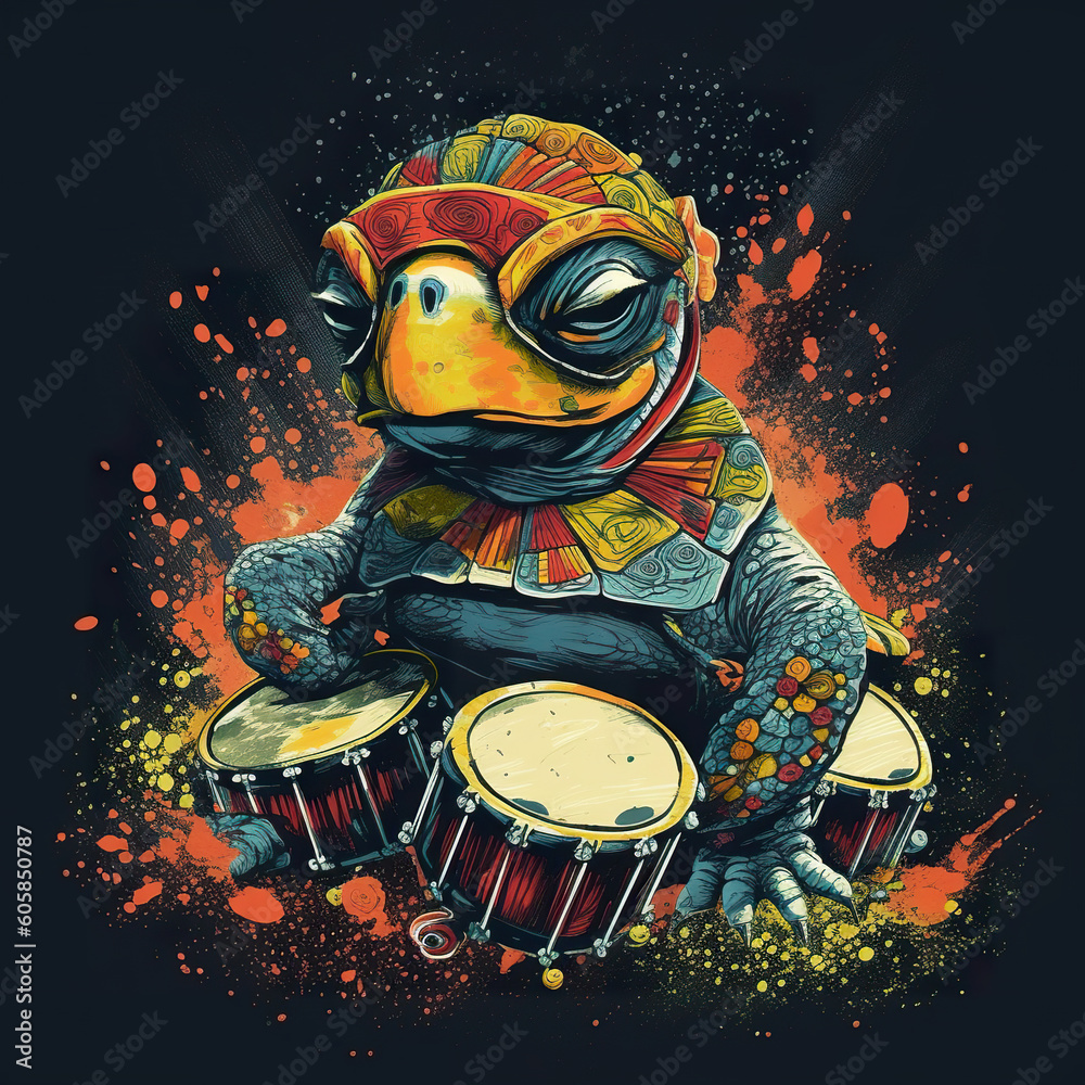 A t - shirt design of a frog playing drums. Generative AI. A t - shirt design of a frog playing drums. Generative AI.