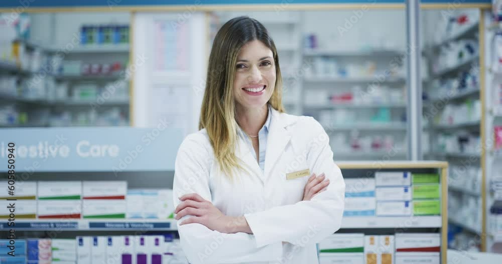 Happy woman, pharmacist and arms crossed in confidence, customer service or healthcare advice at pharmacy. Portrait of confident female medical expert with smile for health or wellness at the clinic Happy woman, pharmacist and arms crossed in confidence, customer service or healthcare advice at pharmacy. Portrait of confident female medical expert with smile for health or wellness at the clinic