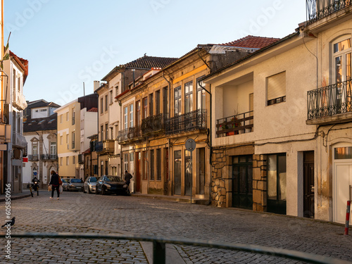 Picturesque view of old houses and streets of Vila Real town at sunny spring morning  Portugal