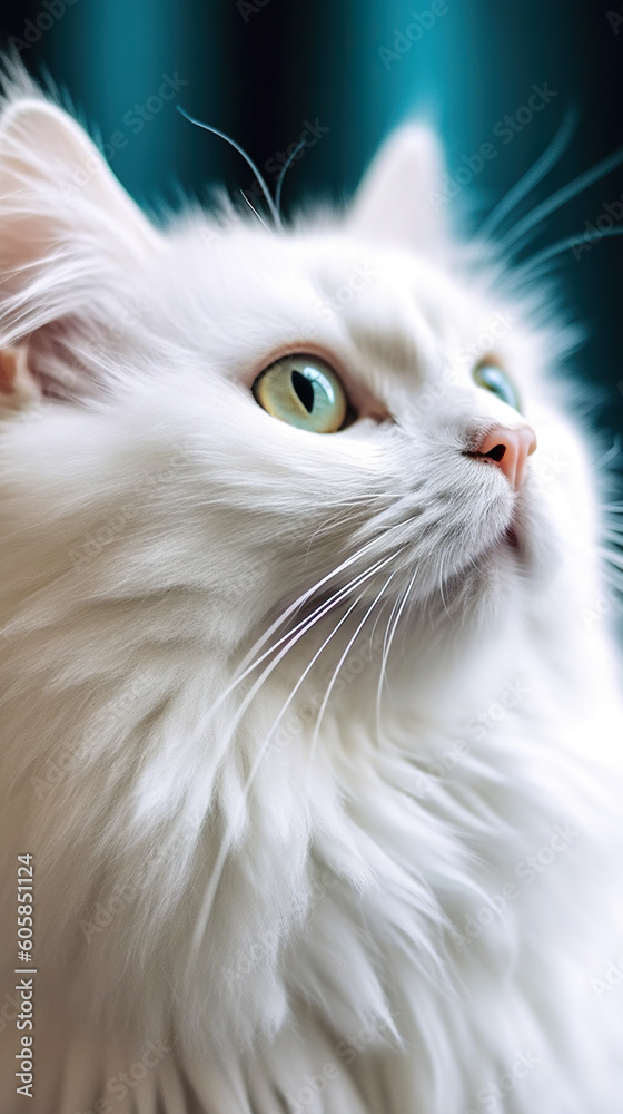 A close up of a white cat with blue eyes. Generative AI.