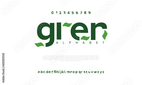 Green nature abstract digital technology logo font alphabet. Minimal modern urban fonts for logo, brand etc. Typography typeface uppercase lowercase and number. vector illustration