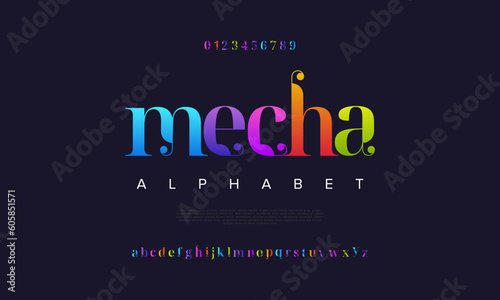 Colorful mecha abstract digital technology logo font alphabet. Minimal modern urban fonts for logo, brand etc. Typography typeface uppercase lowercase and number. vector illustration