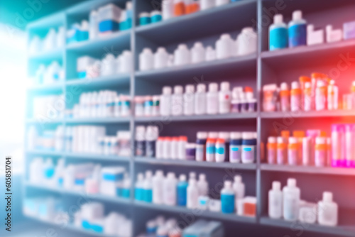 acy, pharmacy blurred abstract background with medicines and healthcare products on s