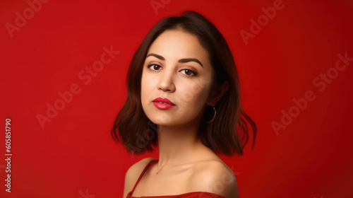 Studio shot of a young beautiful woman against red - made with Generative AI tools