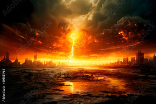 view of a post-apocalyptic city, fire from heaven, smoke, abandonment, destruction, explosions