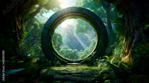 a fantastic landscape with a magical portal in a fabulous forest leading to a sunny summer forest glade