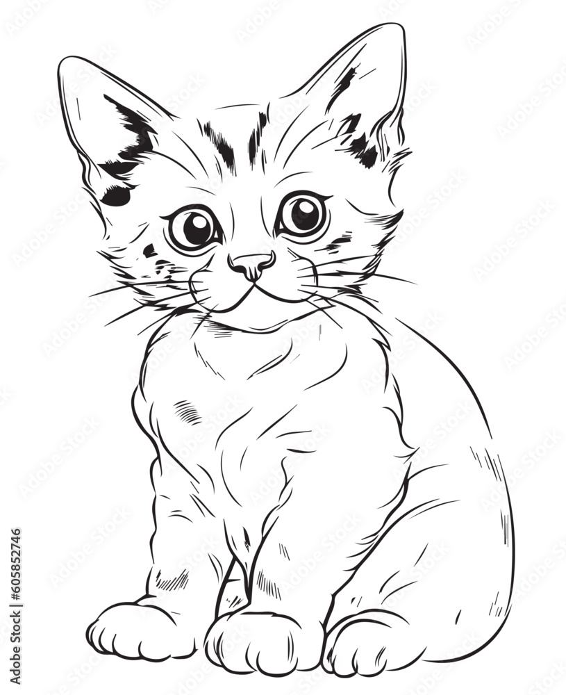 Obraz premium Cute Cartoon Cat vector Illustration, Cat Coloring page for kids and adults. Print design, t-shirt design, tattoo design, mural art, cat mascot