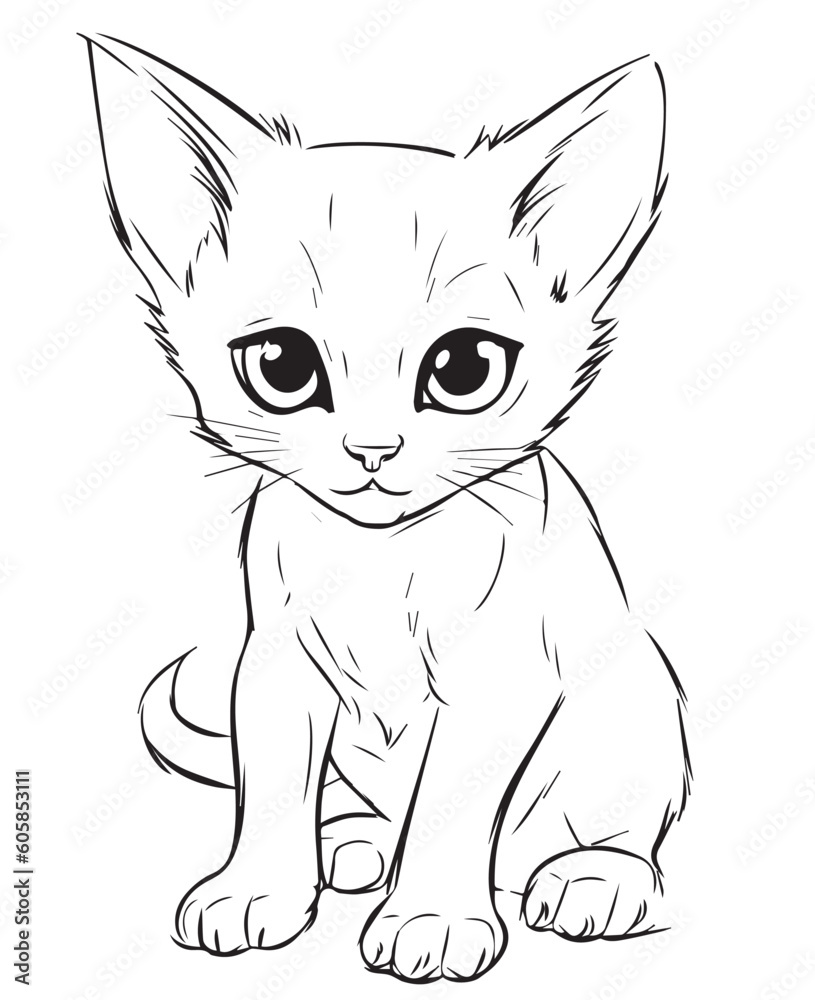 Cute Cartoon Cat vector Illustration, Cat Coloring page for kids and adults. Print design, t-shirt design, tattoo design, mural art, cat mascot