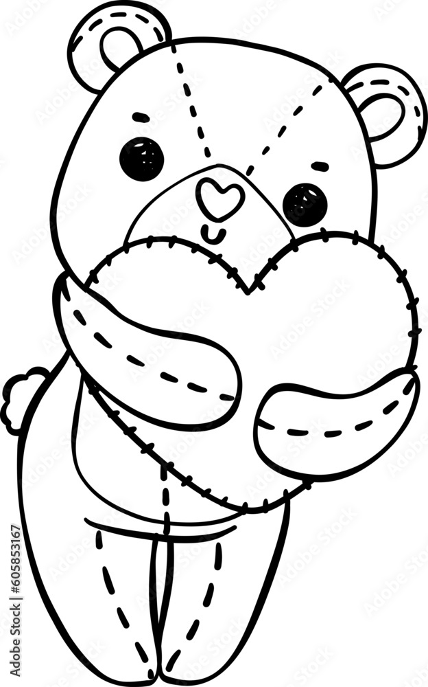 Cute Valentine Teddy Bear with heart outline doodle hand drawing cartoon character Cute Valentine Teddy Bear with heart outline doodle hand drawing cartoon character