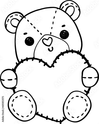 Cute Teddy Bear with heart outline doodle hand drawing cartoon character 