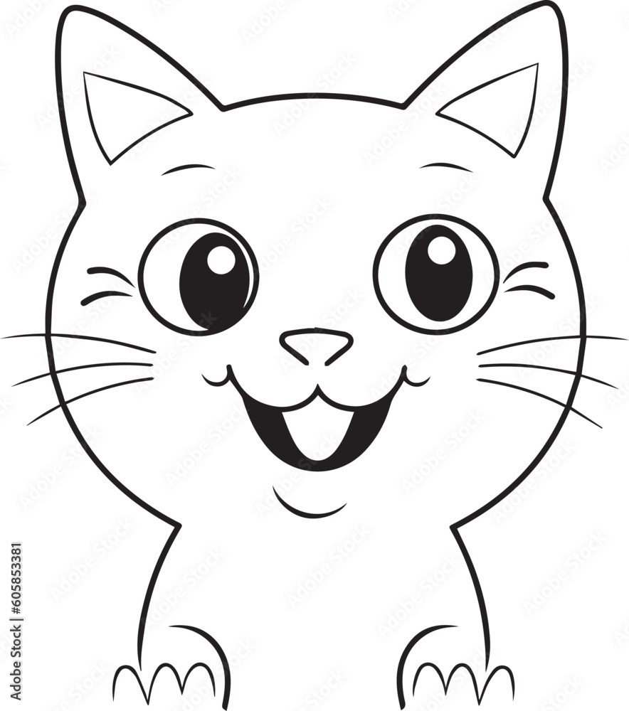 Fototapeta premium Cute Cartoon Cat vector Illustration, Cat Coloring page for kids and adults. Print design, t-shirt design, tattoo design, mural art, cat mascot