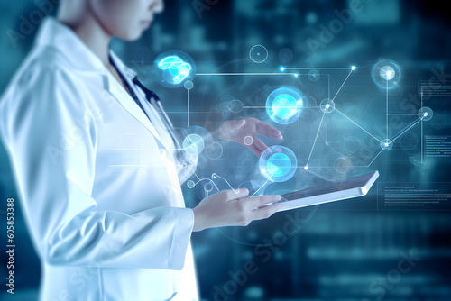 Medicine doctor holds electronic medicine and records on tablet. DNA. Hologram modern virtual screen interface, medical technology and futuristic digital healthcare and network connection 