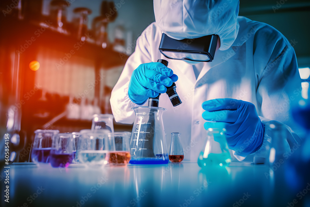 Medical or scientific researcher researching and experimenting with multicolored solutions, vials and microscope in laboratory or laboratory, wearing blue gloves and white clothes... Medical or scientific researcher researching and experimenting with multicolored solutions, vials and microscope in laboratory or laboratory, wearing blue gloves and white clothes...
