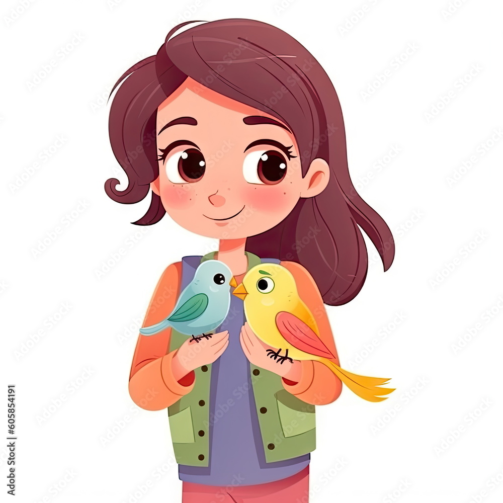 Cartoon character of kid holding bird on white background Cartoon character of kid holding bird on white background
