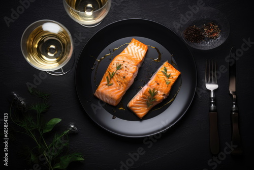 salmon steak on the dish with white wine on wood table