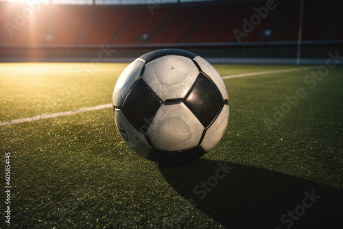 ball on the green field with soccer stadium © waranyu