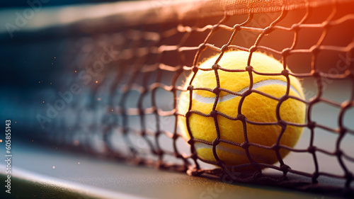 Yellow ball on floor behind paddle net in court. Padel tennis. Generative AI