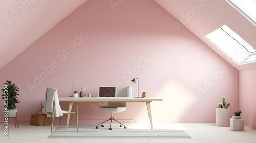 home office in the attic with light pink walls