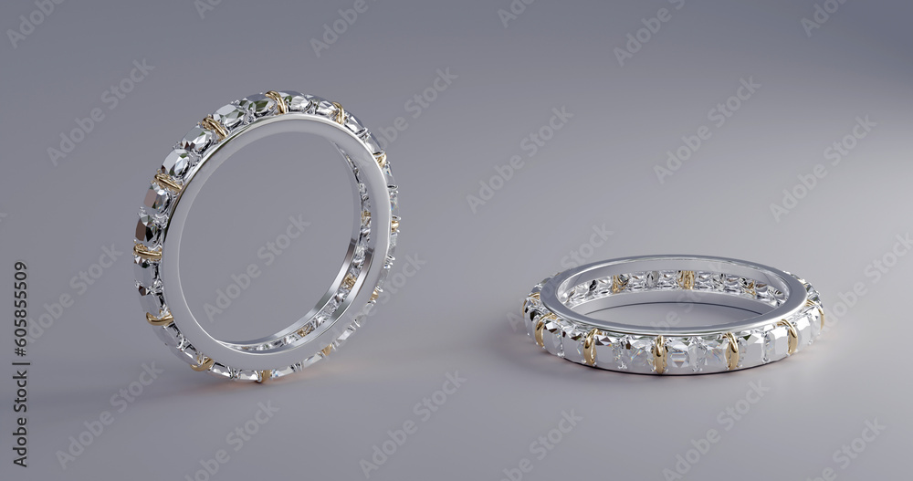 Two Platinum rings with diamonds surrounding the ring on a white background in 3D render desing. Two Platinum rings with diamonds surrounding the ring on a white background in 3D render desing.