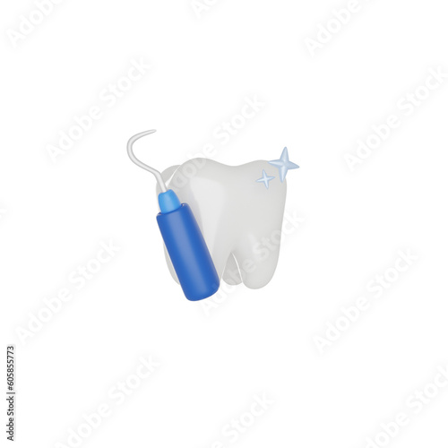 Tooth with Dental explorers or sickle probe 3D render icon isolated white background.