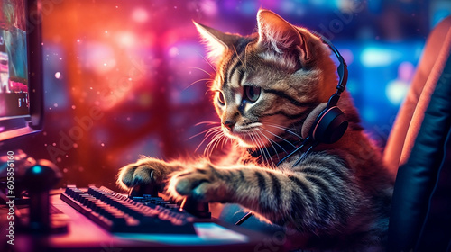 A gamer cat with headphones, inside his gamer setup plays video games on a gamer PC. .Generative AI