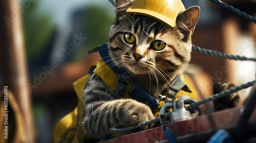 An electrician cat wearing a hard hat and safety vest is repairing a power line. .Generative AI