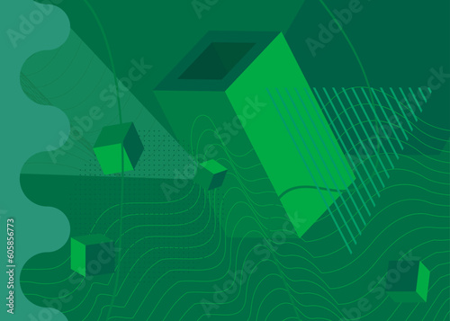 Green vibrant geometrical shapes background. Abstract old simple geometric vector banner, poster. Retro graphic busy psychodelic volumetric art illustration.