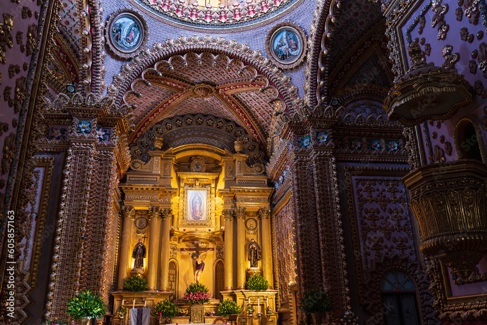 ornate apse and sanctuary of our lady of guadalupe temple interior in rococo and late baroque architectural style morelia, michoacan, mexico