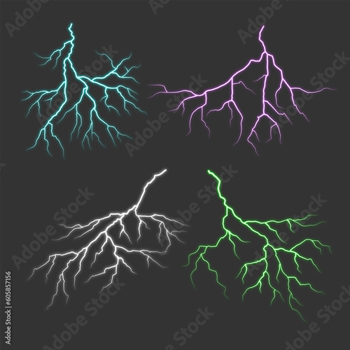 Set of realistic thunderstorm, nature power energy and lightning effect