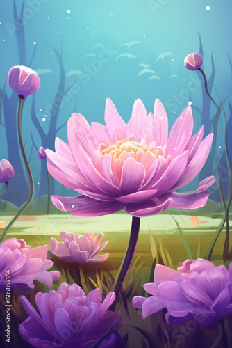 Illustration purple magical flower on a blue background  garden  Generative AI
