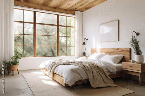a very clean and white bedroom with wood accents, in the style of charming, generative AI © Kien