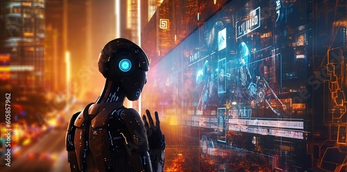 a futuristic image of a robot looking at electronic signs, in the style of gesture