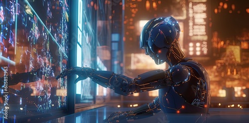 a futuristic image of a robot looking at electronic signs, in the style of gesture