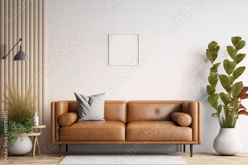 Interior Living Room Wall mockup with leather sofa and plants