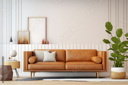 Interior Living Room Wall mockup with leather sofa and plants © Cecily Arts