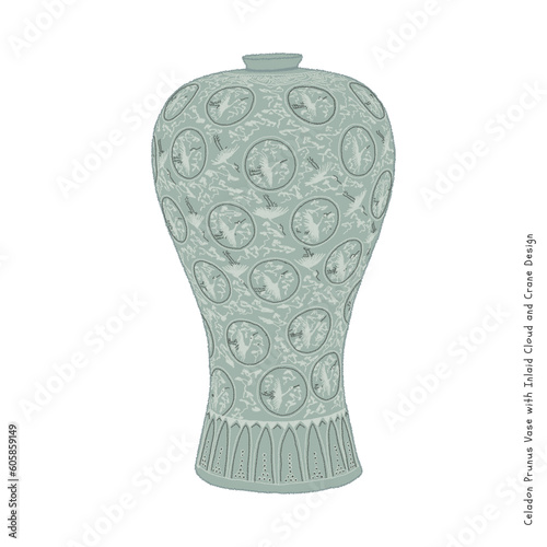 This illustration is 'Celadon Prunus Vase with Inlaid Cloud and Crane Design', a celadon from the Goryeo Dynasty in Korea. It is a national treasure of Korea.