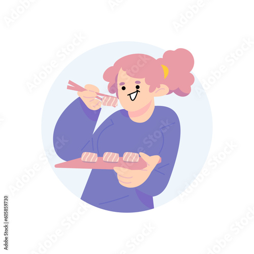 Cartoon of happy young woman sitting with chopsticks in hand and eating sushi isolated on white. Hungry people eat food for breakfast, lunch or dinner vector illustration