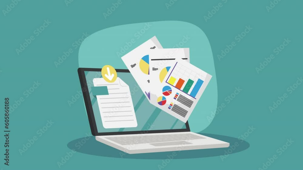 laptop device with documents animation laptop device with documents animation