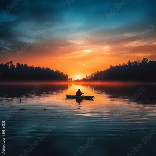 AI generated: Tranquil Serenity of a Fishing Angler on a Calm Lake at Sunset 