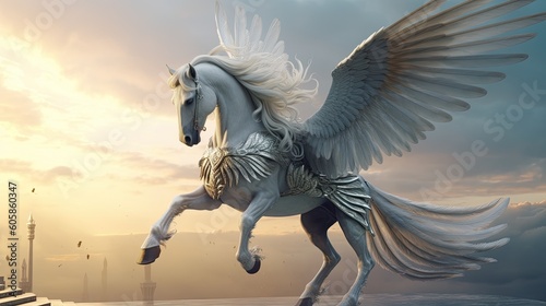 Pegasus. Ancient Greek flying horse. White stallion with flowing mane. Majestic portrait. 