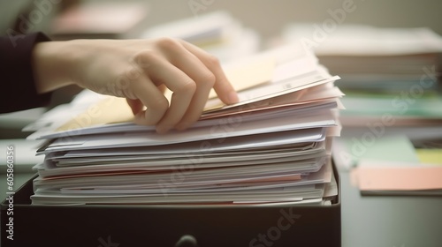 AI generated: Closeup of Man's Hand Working on Stack of Document Files for Business Report