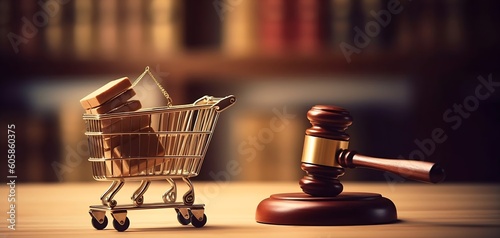 AI generated: Shopping trolley cart and hammer judge gavel on wooden table with white wall background. Consumer rights and and responsibilities to safety, customer protection, commercial law