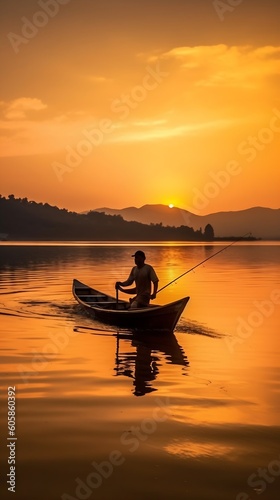 AI generated: Tranquil Serenity of a Fishing Angler on a Calm Lake at Sunset 